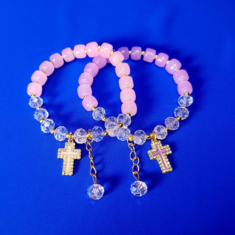 NWOT 1 Pc Gorgeous Crystal Beaded Bracelet w/Cross - Choose ONE Pink or Purpl